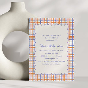 Invitación Naranja Preppy Blue Plaid Scallop Baby Shower