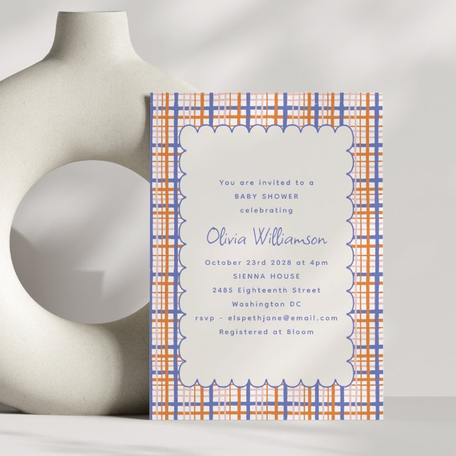 Invitación Naranja Preppy Blue Plaid Scallop Baby Shower (Subido por el creador)