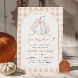 Invitación Naranja Preppy Gingham Pumpkin Primer Cumpleaños