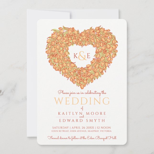 Invitación Naranja primavera tulipanes flor corazón arte boda (Anverso)