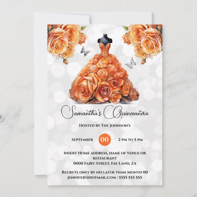 Invitación Naranja princesa Quinceañera rosas de baile (Anverso)