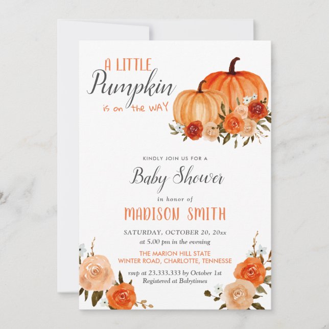 Invitación Naranja Pumpkins Autumn | BABY SHOWER (Anverso)