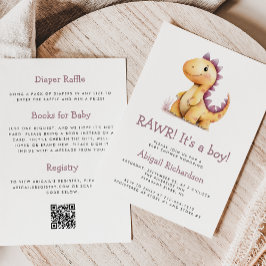 Invitación Naranja Purple Dinosaur QR Code Boy Baby Shower