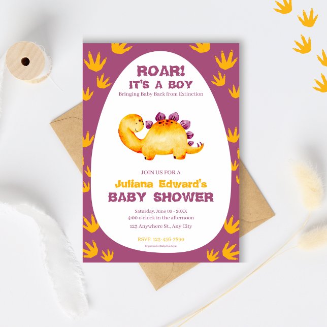 Invitación Naranja púrpura acuarela Dinosaur Baby Shower (Subido por el creador)