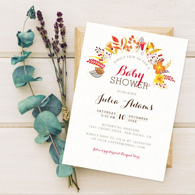 Invitación Naranja púrpura Boho Wildflower Foliage Baby Showe (Subido por el creador)