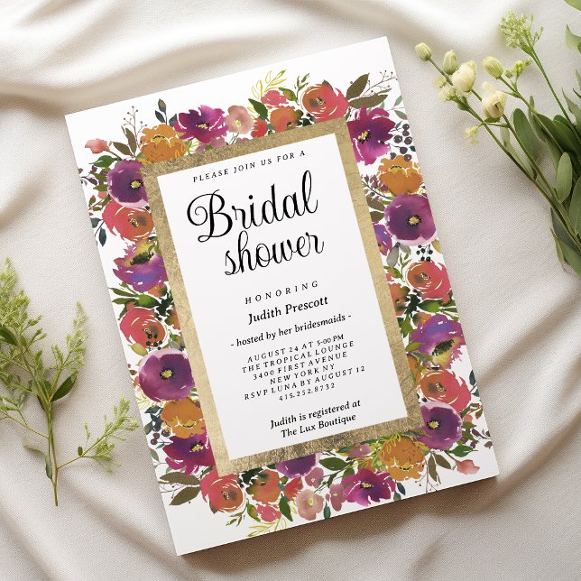 Invitación Naranja púrpura botánico floral rosa Ducha de novi (Botanic purple orange pink floral Bridal Shower)