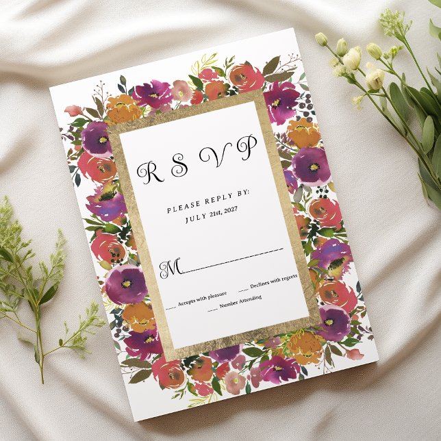 Invitación Naranja púrpura botánico oro rosa floral RSVP (Botanic purple orange pink gold floral RSVP)