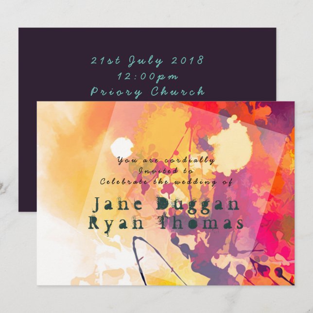 Invitación Naranja púrpura de Boda de graffitis ur (Anverso / Reverso)