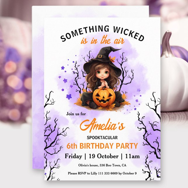 Invitación Naranja púrpura de bruja Halloween Chica cumpleaño (Cute Witch Purple Orange Halloween Girls' Birthday Invitation)