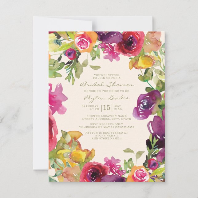 Invitación Naranja púrpura ducha de novia floral amarilla (Anverso)