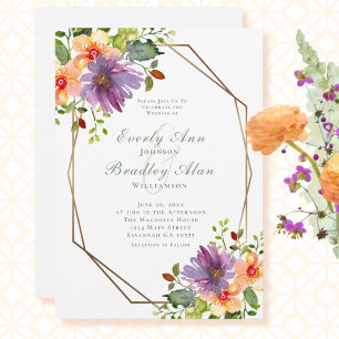 Invitación Naranja púrpura Floral verde Código QR Boda fotogr