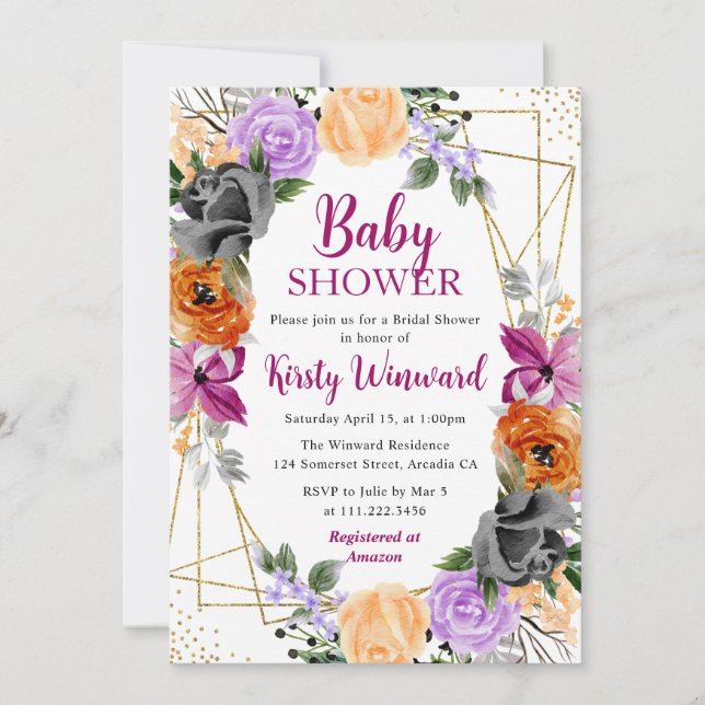 Invitación Naranja púrpura Flores negras marco Baby Shower (Anverso)
