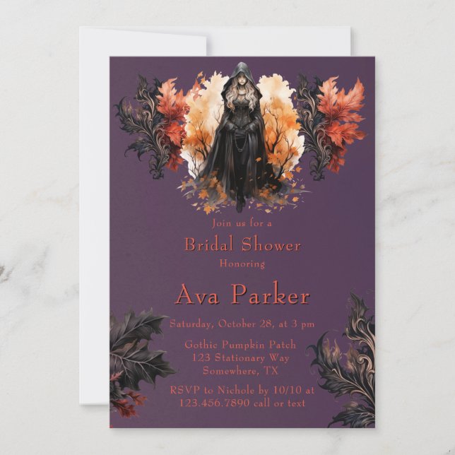 Invitación Naranja púrpura gótica ducha de novia bruja negra (Anverso)
