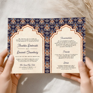 Invitación Naranja Púrpura Ikat Todo en Uno Boda India