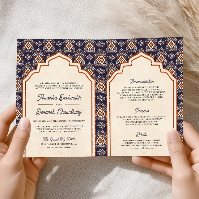 Invitación Naranja Púrpura Ikat Todo en Uno Boda India (Subido por el creador)
