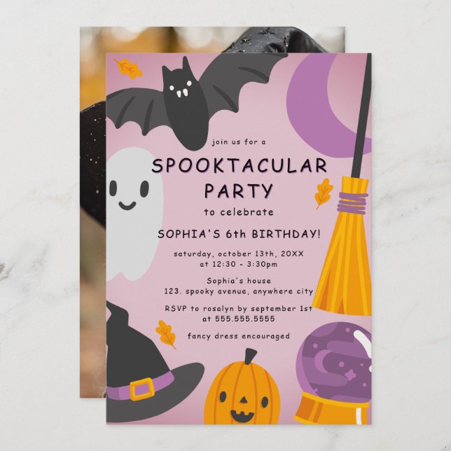 Invitación Naranja púrpura lindo foto foto niños de Halloween (Anverso / Reverso)