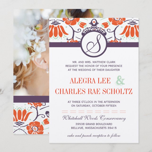 Invitación Naranja púrpura Persimmon y Boda Mint Paisley (Anverso / Reverso)