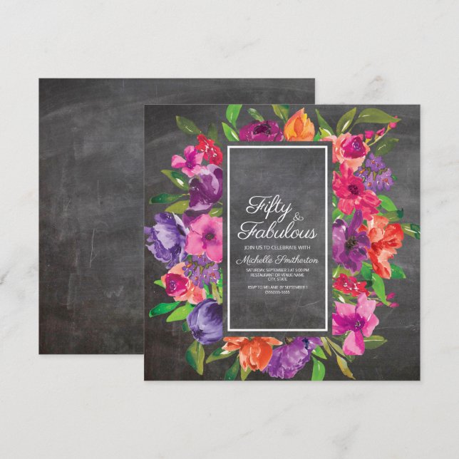Invitación Naranja Púrpura Rosa Floral Chalkboard 50 cumpleañ (Anverso / Reverso)