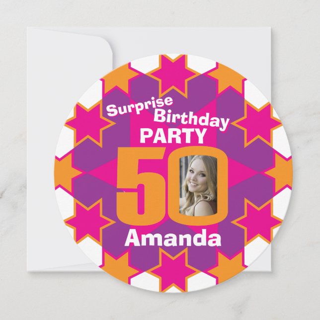 Invitación Naranja púrpura rosa foto 50 cumpleaños fiesta (Anverso)