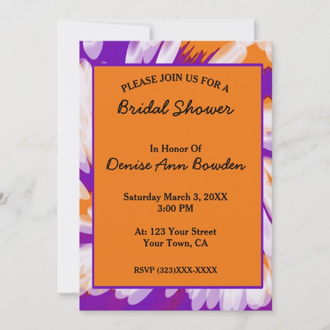 Invitación Naranja púrpura Tye Swirl Bridal Shower (Anverso)