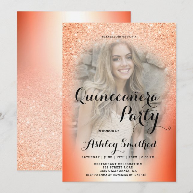 Invitación Naranja purpurina foto teálica oscura Quinceañera (Anverso / Reverso)
