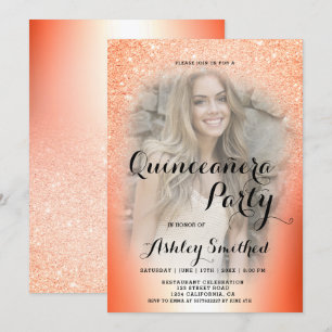 Invitación Naranja purpurina foto teálica oscura Quinceañera