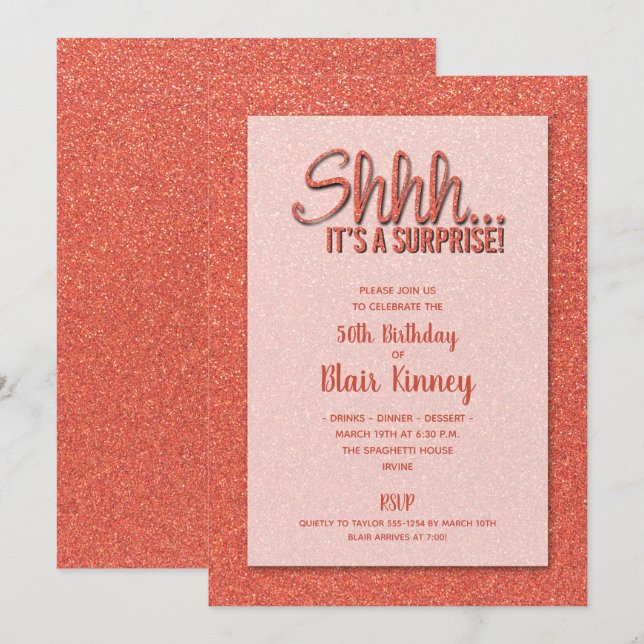 Invitación Naranja Purpurina SORPRISE Cumpleaños (Anverso / Reverso)
