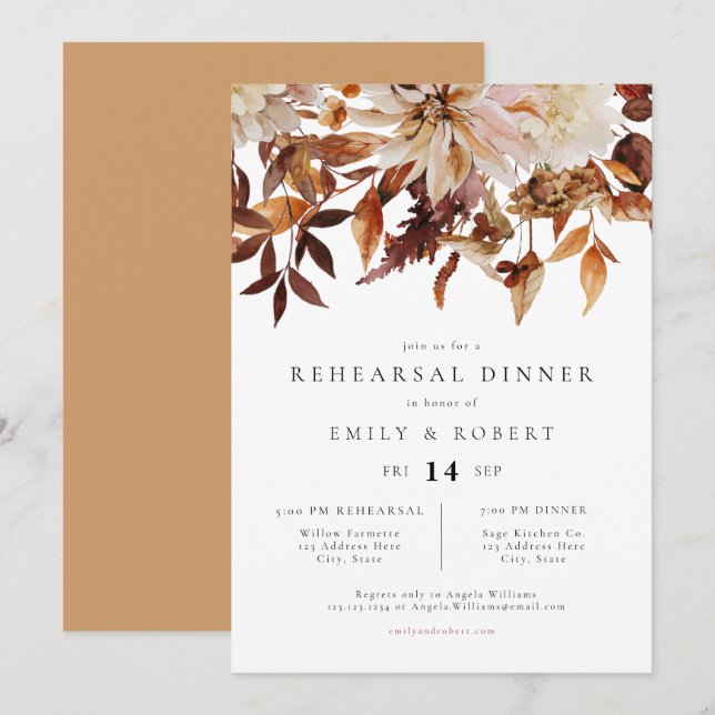 Invitación Naranja quema bohemio otoño ensayo floral cena (Anverso / Reverso)