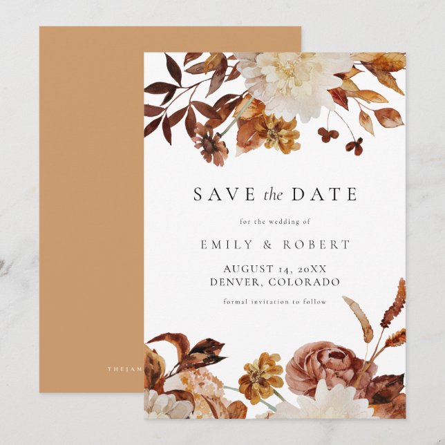 Invitación Naranja quema de Bohemia cae floral salva la fecha (Anverso / Reverso)