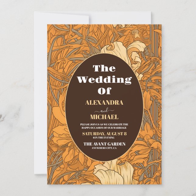 Invitación Naranja quemada Boda de Art Nouveau floral (Anverso)