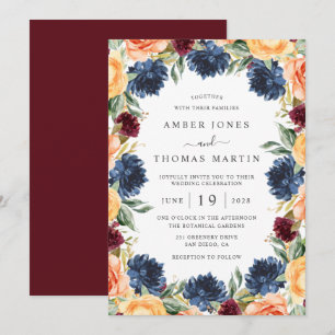 Invitación Naranja Quemada Burgundy Marino Floral Boda