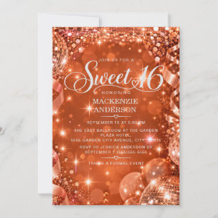Invitación Naranja Quemada Cobre Brillo Bola de Disco Sweet 1