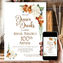 Invitación Naranja quemada Floral 100 Fiesta de la cena de cu