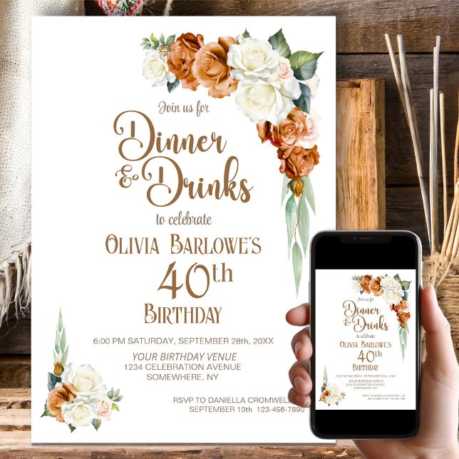 Invitación Naranja quemada Floral 40 Fiesta de la cena de cum (Subido por el creador)