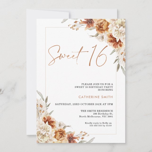 Invitación Naranja quemada Floral Boho Sweet 16 Cumpleaños (Anverso)