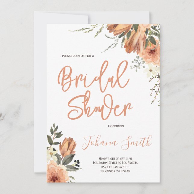 Invitación Naranja quemada Floral Otoño Bridal Shower (Anverso)