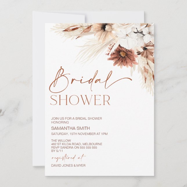 Invitación Naranja quemada Floral Pampas Ducha nupcial (Anverso)
