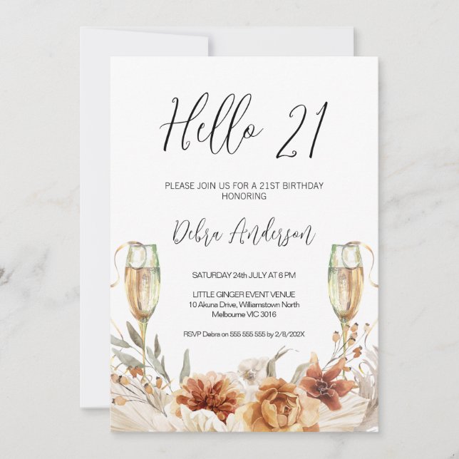 Invitación Naranja quemada Floral y Gafas 21º cumpleaños (Anverso)