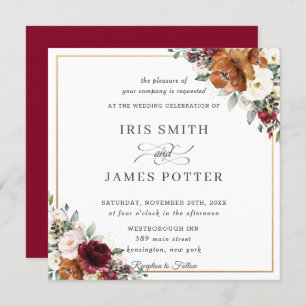 Invitación Naranja quemada Ivory Burgundy Plaza Boda Floral