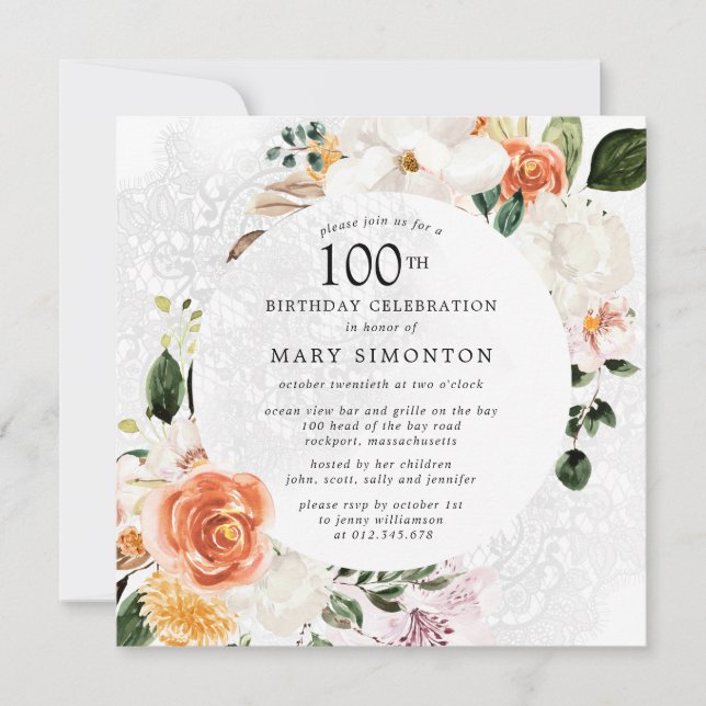 Invitación Naranja quemada Lace Floral Blanca 100 cumpleaños (Anverso)