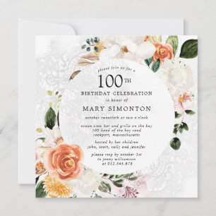 Invitación Naranja quemada Lace Floral Blanca 100 cumpleaños