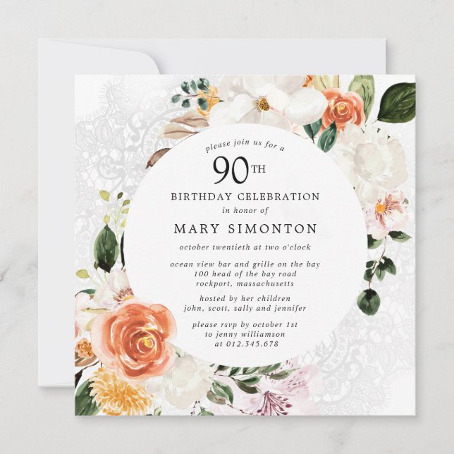 Invitación Naranja quemada Lace Floral Blanca 90 cumpleaños (Anverso)