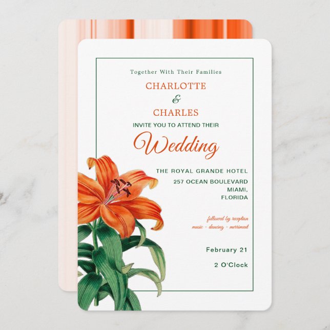Invitación Naranja quemada Lily Boda floral elegante (Anverso / Reverso)