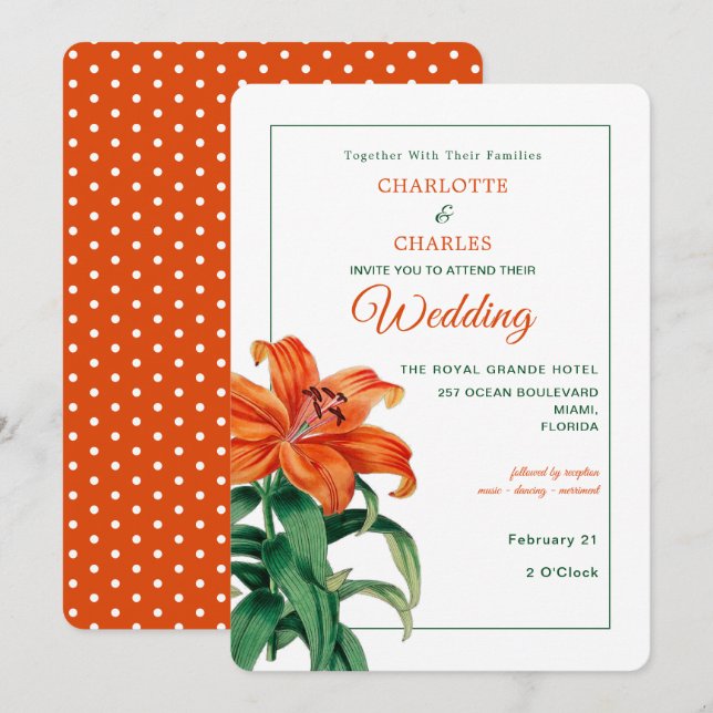 Invitación Naranja quemada Lily Boda floral elegante (Anverso / Reverso)