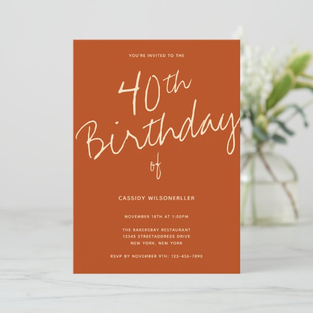 Invitación Naranja quemada minimalista 40 cumpleaños (Anverso de pie)