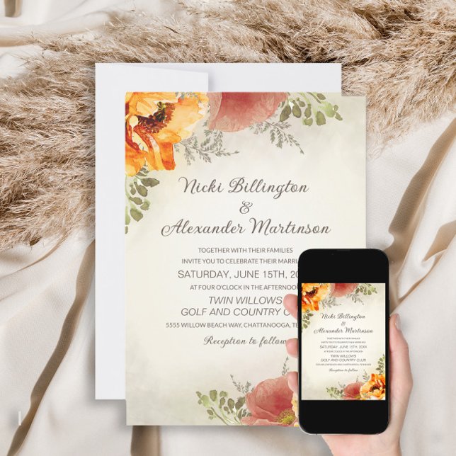 Invitación Naranja Quemada Otoño Floral Verde Bodas (Subido por el creador)