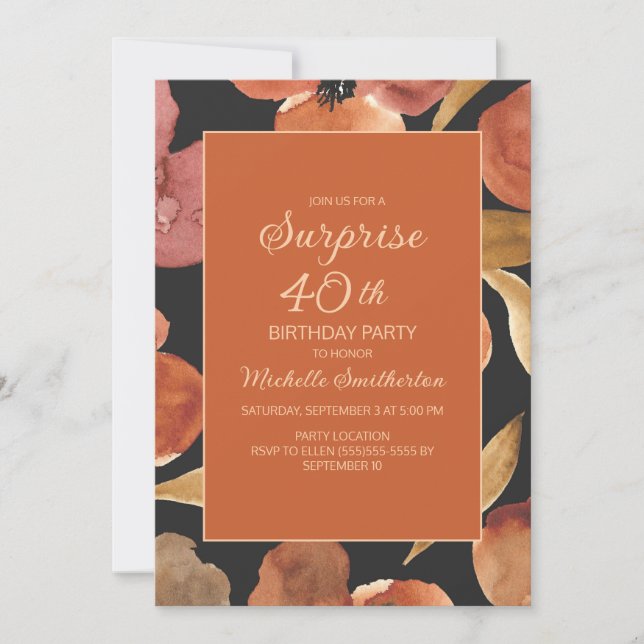 Invitación Naranja quemada Terracotta Floral Black Surprise 4 (Anverso)