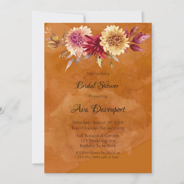 Invitación Naranja quemado acuarela Dahlia Bridal Shower (Anverso)
