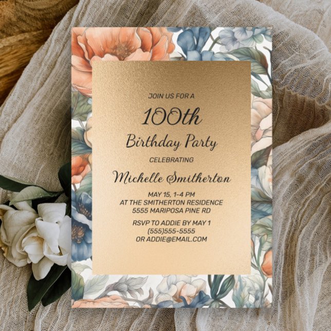 Invitación Naranja quemado acuarela Floral Dorado cumpleaños (Subido por el creador)