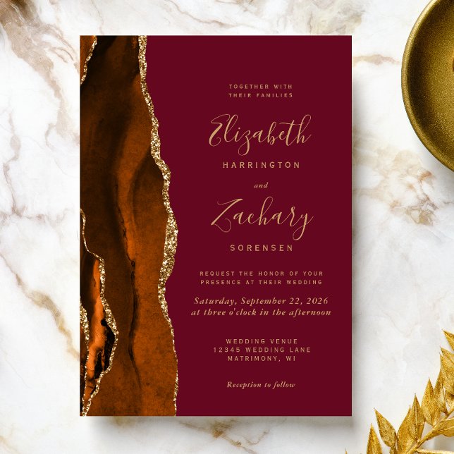Invitación Naranja quemado Agate Burgundy Gold Boda (The perfect choice for a burnt orange and burgundy themed wedding.)